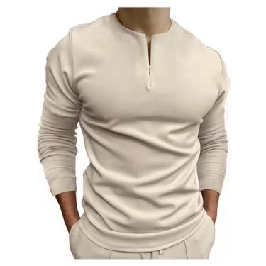 Imagem de Camisa polo masculina meia frente zíper gola redonda pulôver cor sólida manga longa camisa clássica, Bege, XG