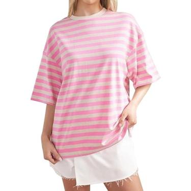 Imagem de Camiseta feminina listrada colorida gola redonda solta algodão meia manga camisetas verão, Rosa claro, G