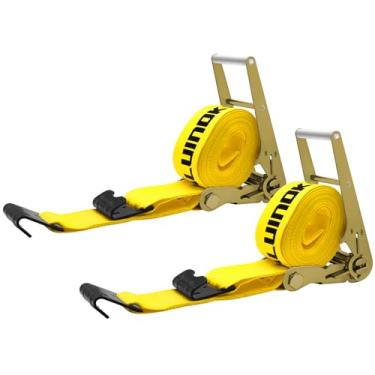 Imagem de SALUINOKI Pacote com 2 correias de catraca de 10 cm resistente de 9 m com gancho plano para correia de guincho de reboque de mesa correias planas de 10 cm amarelo