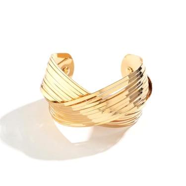 Imagem de YBMYCM Bracelete de ouro grosso para mulheres, meninas, banhado a ouro 18 quilates, pulseiras para mulheres, pulseira larga e aberta moderna, bijuteria de fantasia de ouro, Large, Metal, Sem pedras