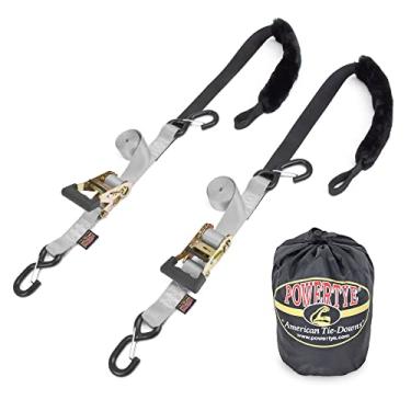 Imagem de PowerTye Tiras de catraca de borracha de 3,8 cm x 2,1 m com amarração macia de pele de carneiro sintética SHEEPTEX com ganchos de trava resistentes - 400 g WLL / 1,6 kg Força de ruptura - Feito nos EUA, prata (par)