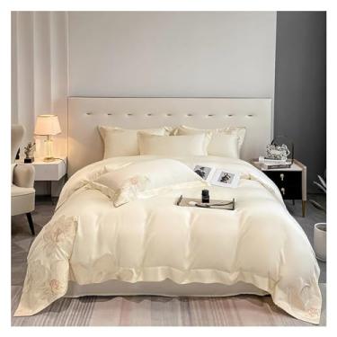 Imagem de Jogo de cama bordado de flores de algodão egípcio 600 fios, 100% algodão, conjunto de capa de edredom, fronha, queen king, lençóis de cama (king branco)