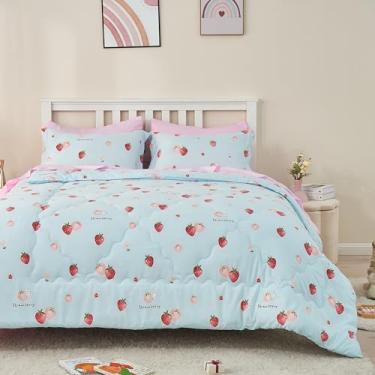 Imagem de Wajade Jogo de cama infantil casal de morango, 7 peças, azul, 3D, morango e frutas (1 edredom, 1 lençol de cima, 1 lençol com elástico, 2 fronhas e 2 fronhas)