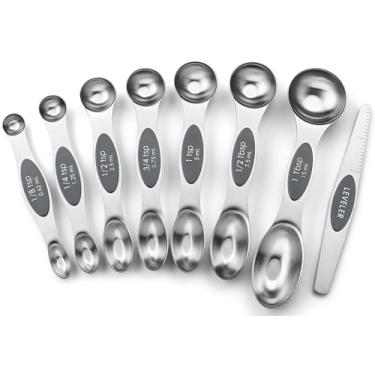 Imagem de Spring Chef Conjunto de 8 colheres de medição magnéticas de aço inoxidável com nivelador, colher de chá de metal dupla face e colheres de sopa - Utensílios de cozinha para assar e cozinhar, cinza