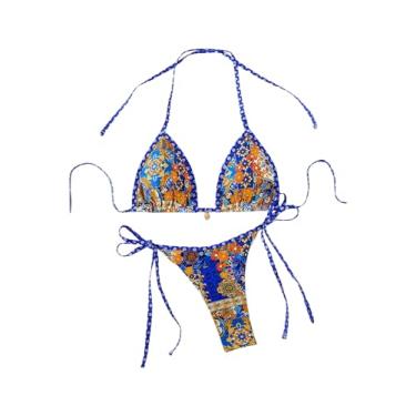 Imagem de BEAUDRM Biquíni feminino floral de 2 peças, boho, frente única, triângulo, conjunto de biquíni amarrado nas costas, roupa de banho roupa de banho, Azul royal, P