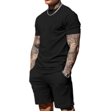 Imagem de Uni Clau Conjunto masculino de 2 peças, casual, camisa e shorts, roupas de verão e praia, agasalhos de treino, Preto, 3G