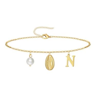 Imagem de QILMILY Tornozeleira feminina banhada a ouro 14 K, impermeável, joia de verão, presente para mulheres e adolescentes, letra N, 9inch, Sem Pedra Preciosa