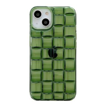 Imagem de Capa transparente macia de cubos para iPhone 14 15 Pro Max 13 11 12 XS XR X 7 8 14 Plus SE Capa de silicone de grade de tecelagem, verde escuro claro, para iPhone 14 Plus