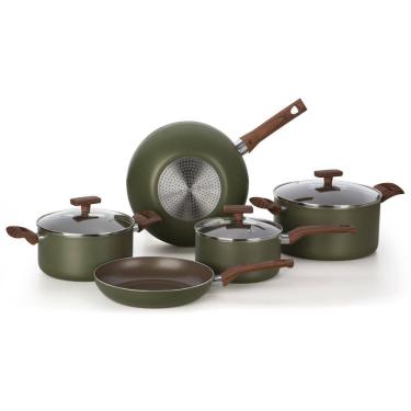 Imagem de Jogo de Panelas Eté Indução 5 Peças Verde Oliva em Alumínio com Revestimento Interno Antiaderente Multiflon