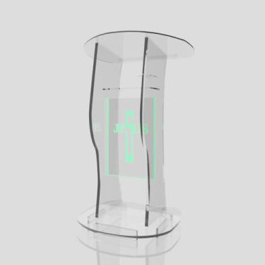 Imagem de Púlpito em Acrílico para Igreja e/ou Eventos com Gravação e Led grátis Mod. Jonas Transparente (Tradicional, Moderna ou Sem Gravação) Cores em Led. (Grav. "Jesus" Moderno, LED VERDE)