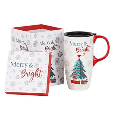 Imagem de Topadorn Caneca de café de cerâmica copo alto de cerâmica com tampa e caixa de cores combinando, 500 ml. Árvore de Natal
