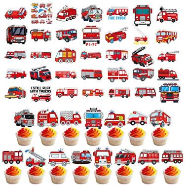 Imagem de 50 Pieces Firetruck Cupcake Topper Fireman Fire Truck Cake Decoration Firefighter Stickers (2 in 1) Firetruck Theme for Kids Boy Girl 1st 2nd Happy Birthday Party Supplies