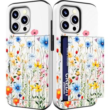 Imagem de IWONE Capa compatível com iPhone 15 Pro fofa com porta-cartões Slim Slot Phone 15 Pro capa carteira para mulheres/botões flores adoráveis botões florais grama arte bonita