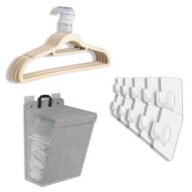 Imagem de Kit Cesto De Roupa + 10 Cabides Veludo + 10 Ganchos Adesivo - MIXTOU