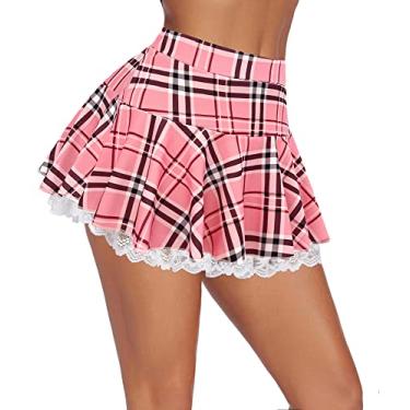 Imagem de Avidlove Minissaia plissada feminina sexy renda babados saia sólida lingerie saias curtas, Xadrez rosa, M