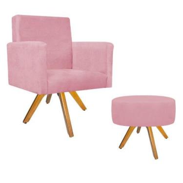Imagem de Kit Poltrona Beatriz e Puff Sofia Base Giratória de Madeira Suede Rosa
