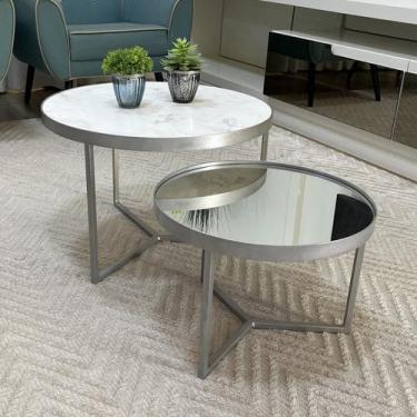 Imagem de Conjunto Mesa de Centro Redonda Dallas Marmo Branco com Espelho - BELI