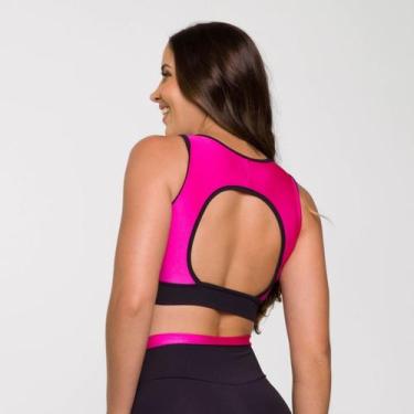 Imagem de Top Sport Preto Poliamida com Estampa Aberto nas Costas Rosa - LOT FIT