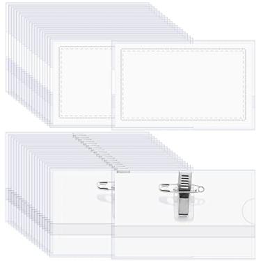 Imagem de 100 peças de suporte de crachá de nome em estilo de pino com clipe horizontal transparente e macio para crachás de identificação de plástico com clipe e inserções de pino, tamanho de cartão 8 x 5 cm
