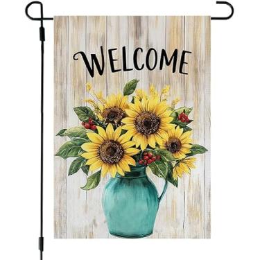 Imagem de Bandeira de jardim de boas-vindas de girassóis rústicos - arranjo floral vibrante em design de vaso turquesa - decoração quente ao ar livre - durável - banner sazonal convidativo para casa