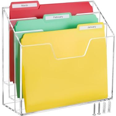 Imagem de BEYGORM Organizador de suporte de pasta de arquivo de acrílico, organizador de revista de suspensão de parede transparente de 3 camadas, suporte de pasta de mesa vertical grande para escritó