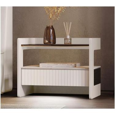 Imagem de Mesa de cabeceira moderna com sensor de luz inteligente e gaveta de madeira mesa de cabeceira de vidro minimalista mesa lateral lateral de couro armário de cabeceira para quarto, branco, 55 x 37 x 48