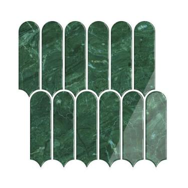 Imagem de VEELIKE 12 folhas de escama de peixe longa para descascar e colar telhas verdes para banheiro cozinha azulejos de parede descascar e colar à prova d'água azulejo de cerâmica verde removível para