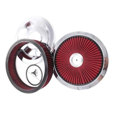 Imagem de 1 kit de filtro de ar vermelho SHLPDFM com porca estrela asa alto fluxo 35,56 cm x 7,6 cm conjunto de filtro de ar lavável com tampa cromada serve para SBC BBC Chevrolet GMC Ford