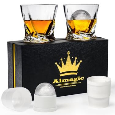 Imagem de Almagic Conjunto de 2 copos de uísque de cristal com moldes de bola de gelo, copos à moda antiga de 325 ml embalados em caixa para presente, copos de bourbon estilo torcido, presentes para homens