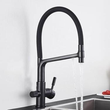 Imagem de Torneira de pia de cozinha dourada escovada, misturador de filtro de água pura, guindaste com alça dupla, purificação de água quente e fria, preto fosco