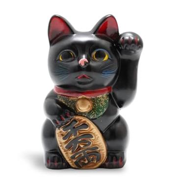 Imagem de Seto-yaki Maneki Neko Cofrinho, 16 cm, estatueta japonesa de gato da sorte pintada à mão, cofre de dinheiro de cerâmica para decoração de casa, talismã da fortuna e prosperidade (preto)