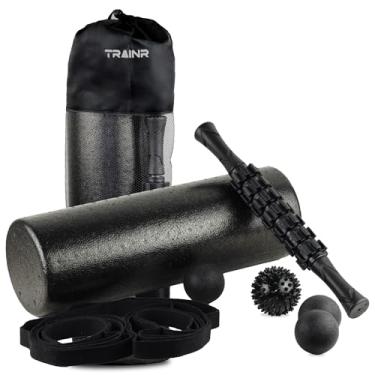 Imagem de Trainr Kit de rolo de massagem de 6 peças com bolsa de transporte Trnr-MRK-BLK, equipamento de exercício para alívio físico, equipamento de treino inclui rolo de espuma, alça de alongamento, bola de