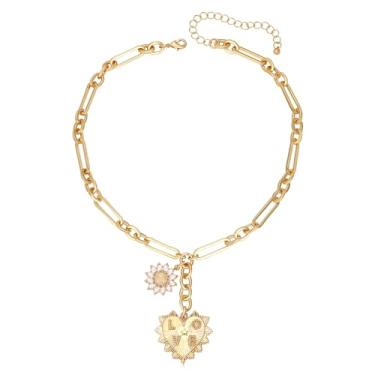 Imagem de MISS RIGH Colar de corrente com pingente de coração e girassol grosso dourado para mulheres e meninas, moderno, banhado a ouro 18 K, pingente hip hop, unissex, joias, presentes, 15.75 inches, Latão,