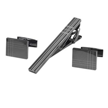 Imagem de Abotoaduras masculinas 1 conjunto de abotoaduras retangulares listradas a laser conjunto de abotoaduras masculinas com clipe de gravata preto, one size, Metal, Sem Pedra Preciosa