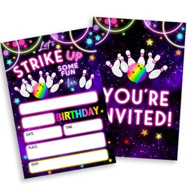 Imagem de Convites de festa de aniversário Let's Strike Up Bowling, 20 convites de aniversário de festa de boliche com tema neon de preenchimento dupla face com envelopes para crianças meninos meninas, cartões