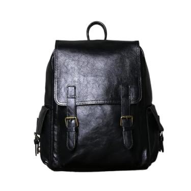 Imagem de Mochila masculina retrô de couro, mochila de viagem para homens, bolsa estilo comércio de couro genuíno(Black)