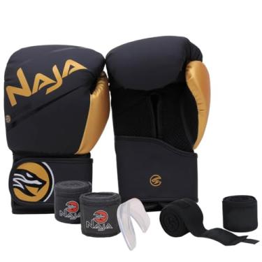 Imagem de Luva de Boxe/Muay Thai Naja Extreme + Bandagem + Protetor Bucal + Bandagem Extra Sortida (Preto/Dourado, 10 OZ)
