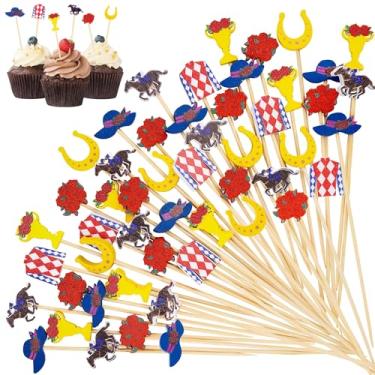 Imagem de Aodaer 200 peças palitos de festa de corrida de cavalos para coquetéis 12 cm palitos de comida em ferradura troféu palitos de frutas rosa bambu aperitivo cupcake toppers espetos para festa aniversário