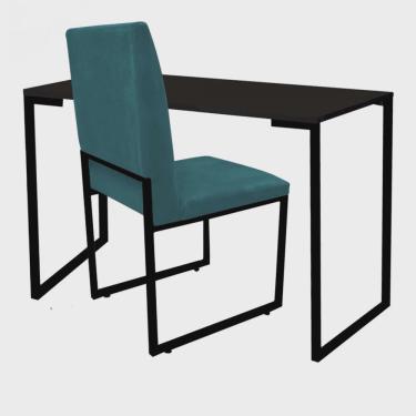 Imagem de Kit Cadeira e Mesa Escrivaninha Escritório Office Stan Industrial Ferro Preto Suede Azul Turquesa - Ahazzo Móveis