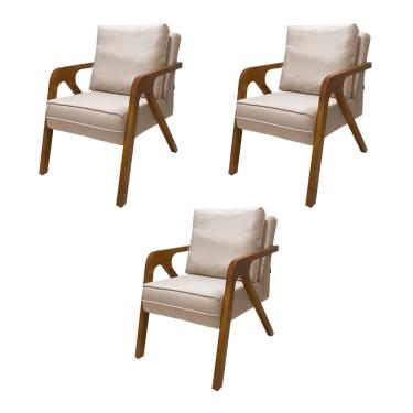 Imagem de Kit 3 Poltronas Decorativas Pés em Madeira Maciça Monaco Veludo Bege