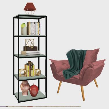 Imagem de Kit Poltrona Fatte com Manta Soft Verde e Estante Livreiro Ferro Preto mdf Verde Oliva Suede Rose Gold - Ahz Móveis