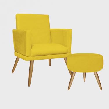 Imagem de Kit Poltrona e Puff Redondo Nina Rodapé Pé Palito Suede Amarelo - Ahz Móveis