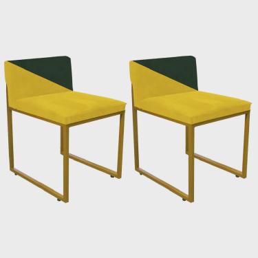 Imagem de Kit 02 Cadeira Office Lee Duo Sala de Jantar Industrial Ferro Dourado Suede Amarelo e Verde Musgo - Ahz Móveis