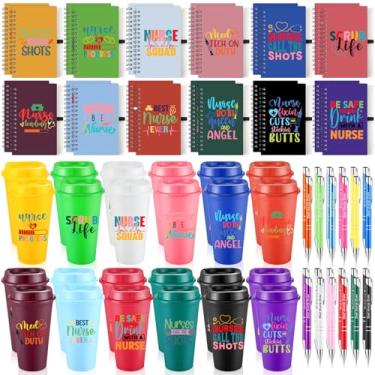 Imagem de Skylety 72 Pcs Nurse Appreciation Gifts 16 oz Plastic Thank You Tumblers with Lids Bulk Reusable Coffee Cup Notebooks Ballpoint Pens Nurse Graduation Gifts for Women Coworker Teacher(Modern Style)
