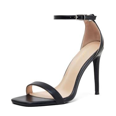 Imagem de Mhuire Sandálias Femininas De Salto Agulha Estilo Stiletto Quadrado 4 Pol., Bico Aberto, Tiras Finas, Pretas, 9,5