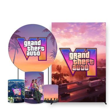 Imagem de Kit Painel de Festa Redondo, Trio de Cilindros e Painel Lateral GTA VI - Fera Print