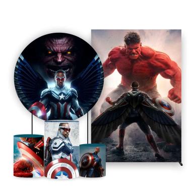 Imagem de Kit Painel de Festa Redondo, Trio de Cilindros e Painel Lateral Novo Capitão América - Fera Print