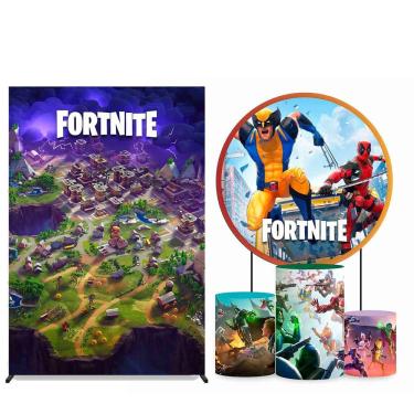 Imagem de Kit Painel de Festa Redondo 1,50m, Trio de Cilindros e Painel Lateral Fortnite - Fera Print