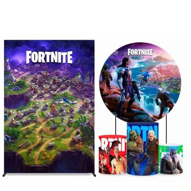Imagem de Kit Painel de Festa Redondo 1,80m, Trio de Cilindros e Painel Lateral Fortnite - Fera Print