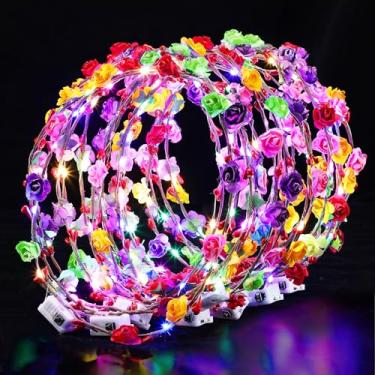 Imagem de 20 peças de coroas de flores de LED – faixa de cabeça iluminada para mulheres, grinaldas florais brilhantes para Natal, casamento, festa na praia, aniversário, cosplay